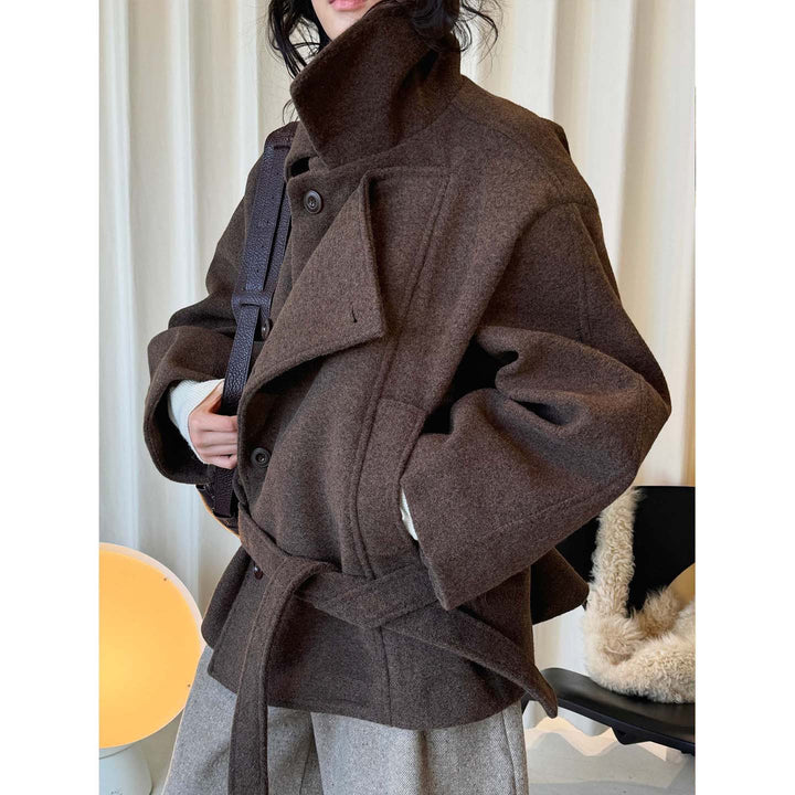 Women Short Tailored Wool Coat with Ties and Wide Stand-Up Collar Amarae