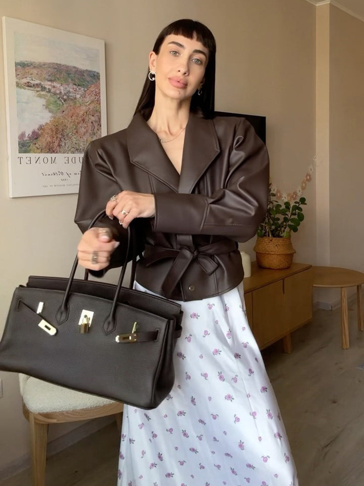 Women’s short blazer made of vegan leather with waist belt Amarae