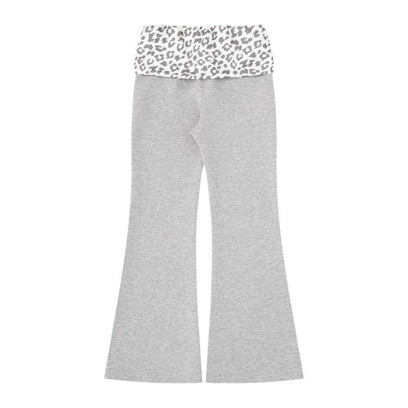 Women's Wide Jersey Lounge Pants with Flared Hem and Turned-Down Leopard Waistband Amarae