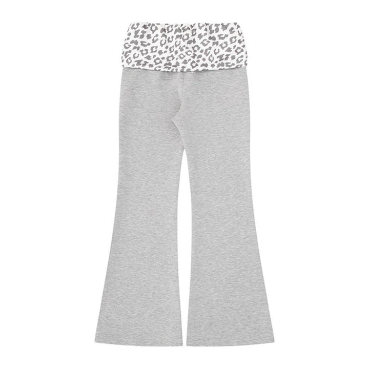 Women's Wide Jersey Lounge Pants with Flared Hem and Turned-Down Leopard Waistband Amarae