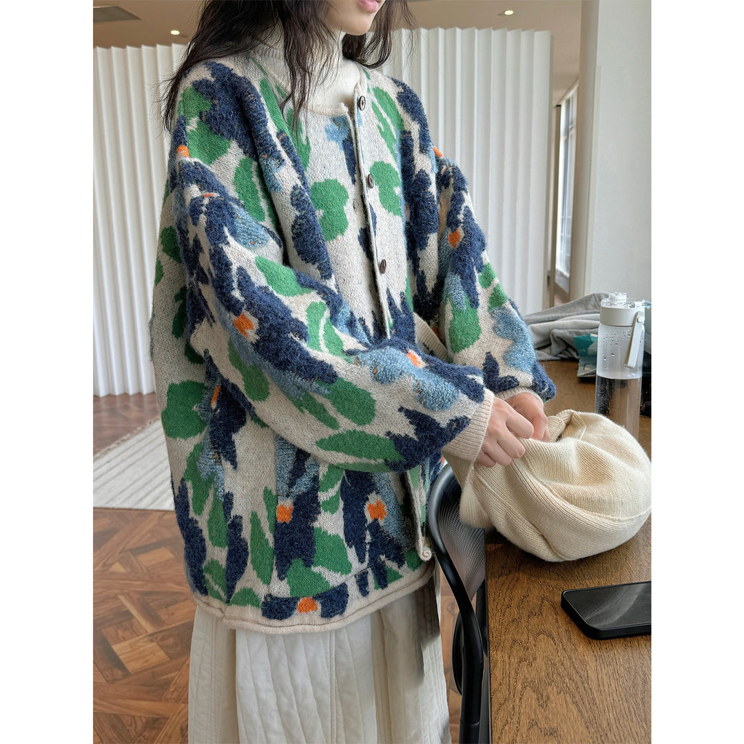 Women Patterned Chunky Knit Cardigan with Crew Neck and Patch Pockets Amarae