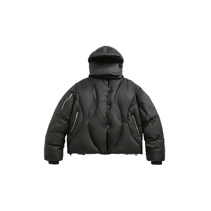 Unisex Short padded puffer jacket with high closing collar, voluminous hood and zippered pockets Amarae