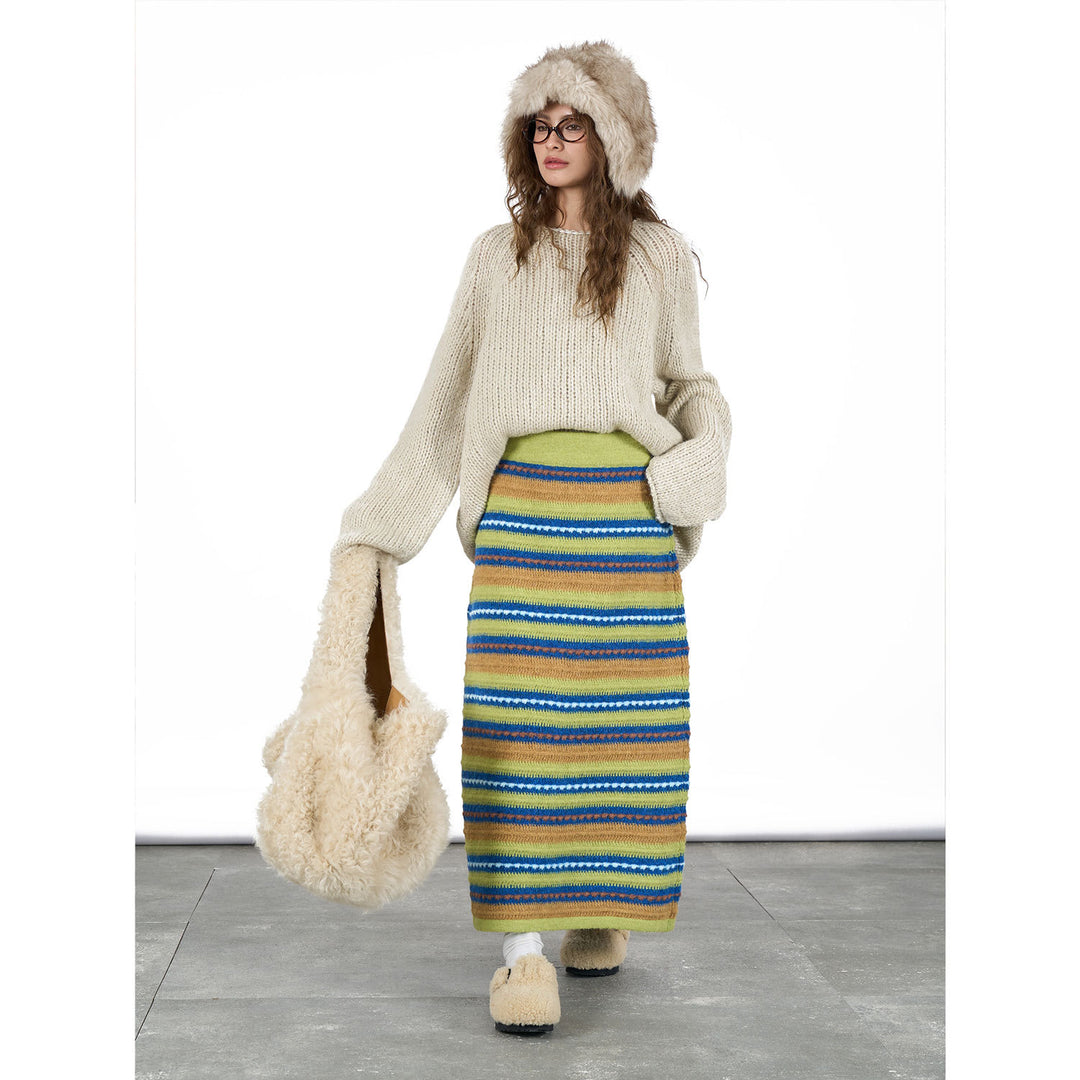 Women Striped Maxi Knit Skirt with High Waist and Fine Rib Structure Amarae