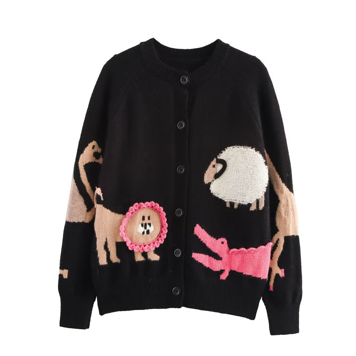 Ladies knit cardigan with playful animal intarsias and 3D applications Amarae