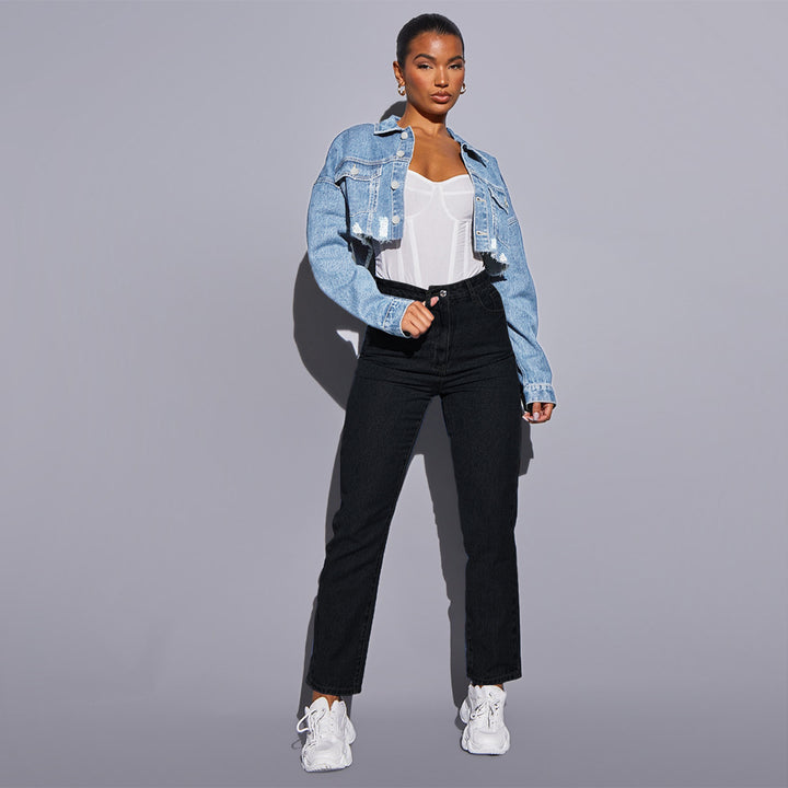 Women's cropped denim jacket with raw hem, wide sleeves, and boxy fit Amarae