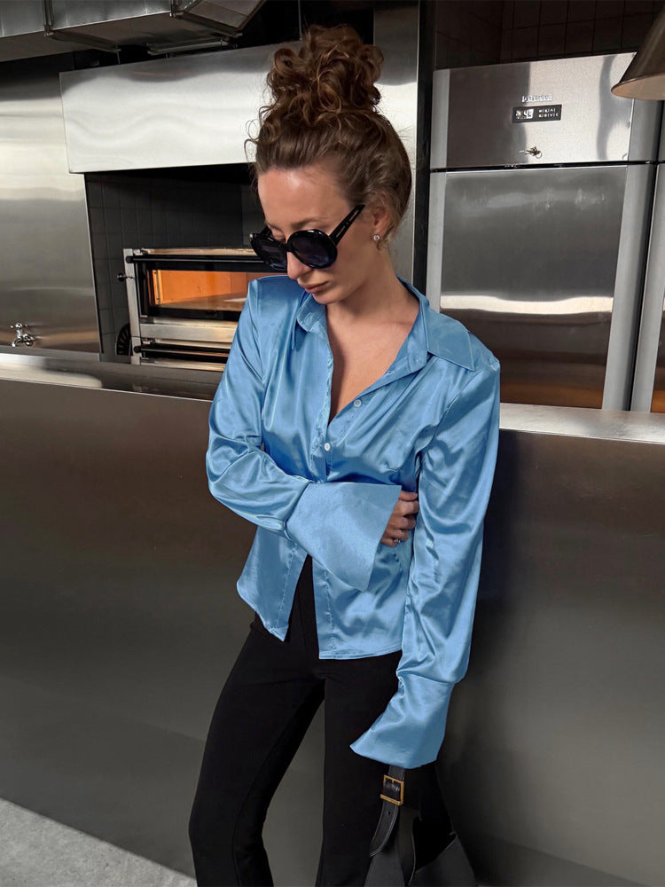 Women's Satin Shirt with Wide Collar, Extra Wide Cuffs & Relaxed Fit Amarae