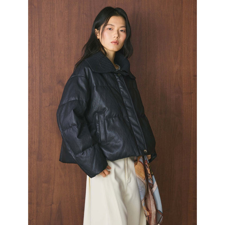 Women's Padded Leather-Look Jacket with Knitted Collar Amarae