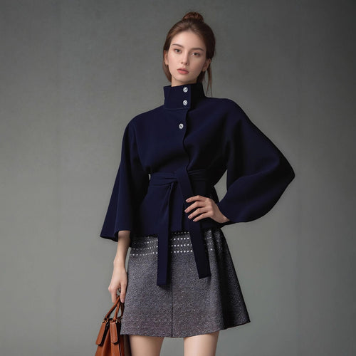 Ladies modern Cape-jacket with removable belt and high collar Amarae