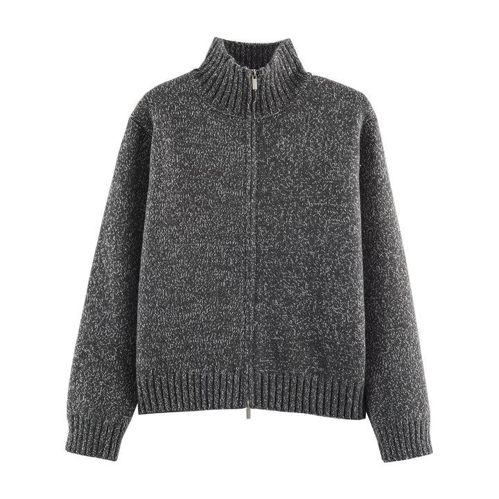 Women's Chunky Knit Zip Sweater with Stand-Up Collar and Ribbed Hem Amarae