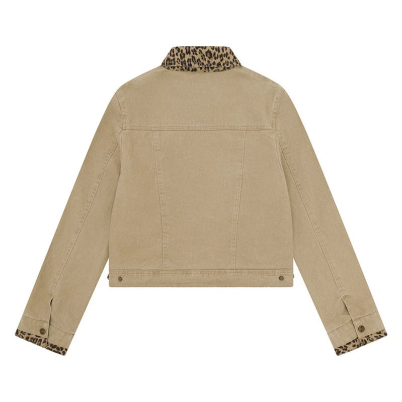 Women’s Short Cut Denim Trucker Jacket with Leopard Contrast Collar and Cuffed Sleeves Amarae