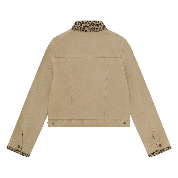 Women’s Short Cut Denim Trucker Jacket with Leopard Contrast Collar and Cuffed Sleeves Amarae