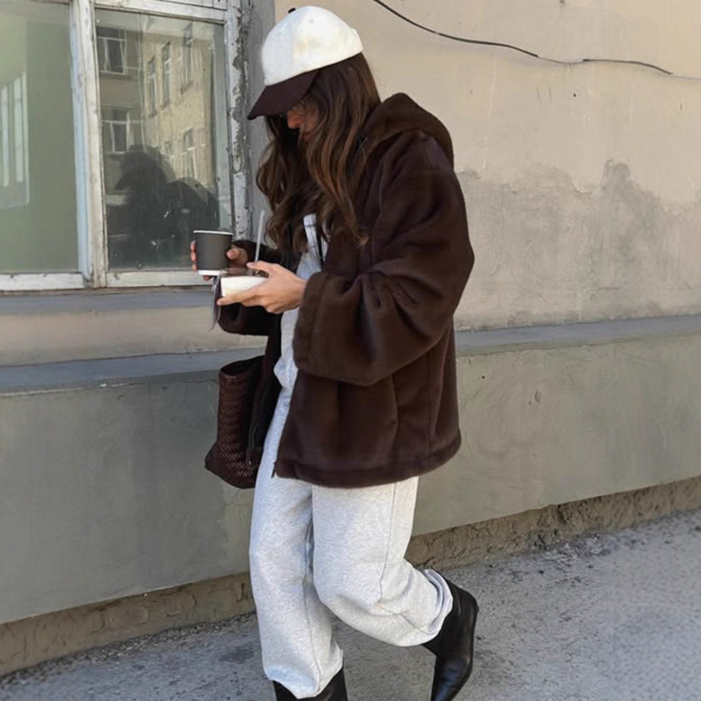 Women's Boxy Short Coat made of vegan Faux Fur with hood, concealed zipper & casual silhouette Amarae