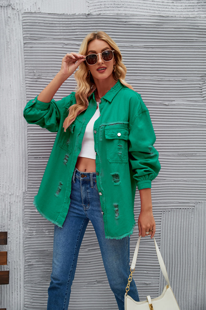 Oversized denim jacket for women with modern distressed details Lune London