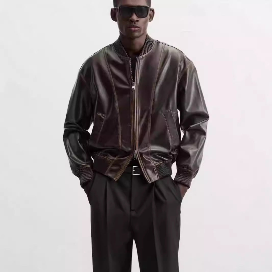 Men Shiny Leather Look Bomber Jacket with Vertical Seam Details and Ribbed Collar Amarae