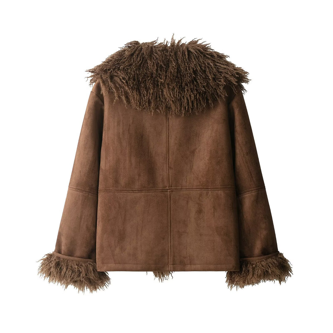Women's Lambskin Look Coat with Voluminous Teddy Collar Amarae