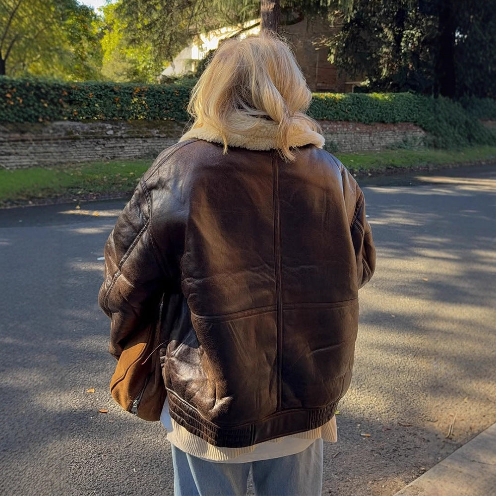 Women's Oversize Pilot Jacket made of Faux Leather with Teddy Lining and Wide Cut Amarae