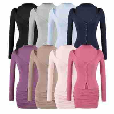 Ladies two-piece knit set with integrated high neck vest and asymmetric button cardigan Amarae