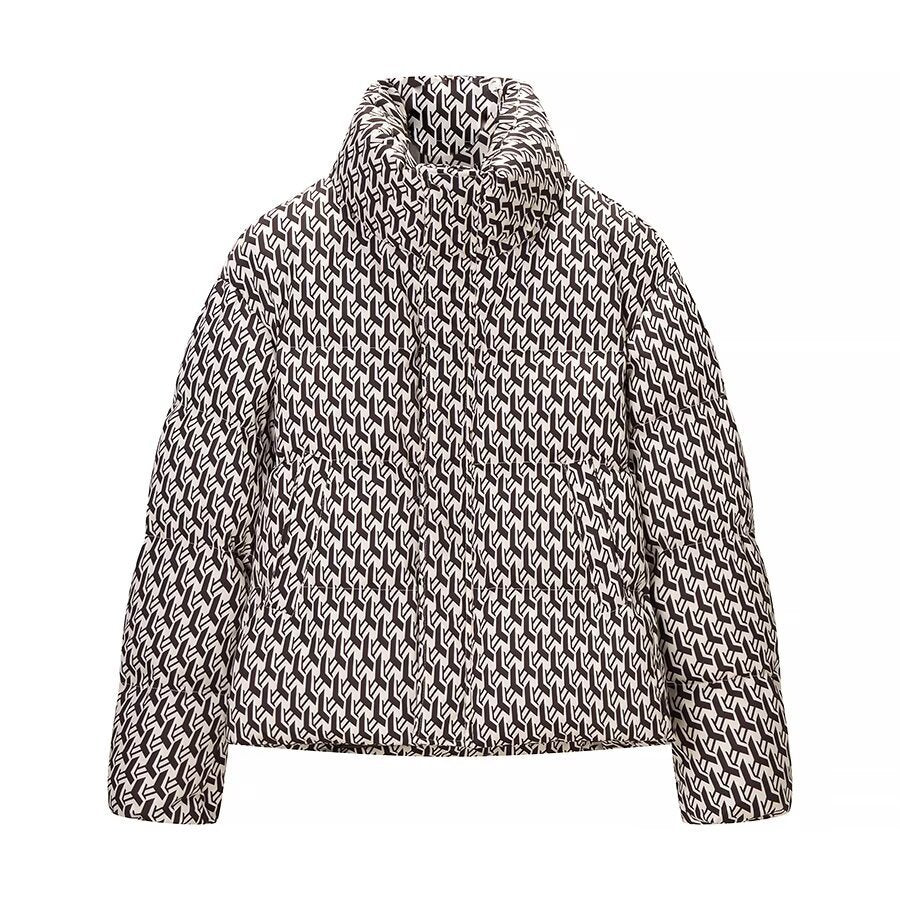 Women's Oversize Quilted Winter Jacket with High Stand-up Collar and Geometric All-over Pattern Amarae