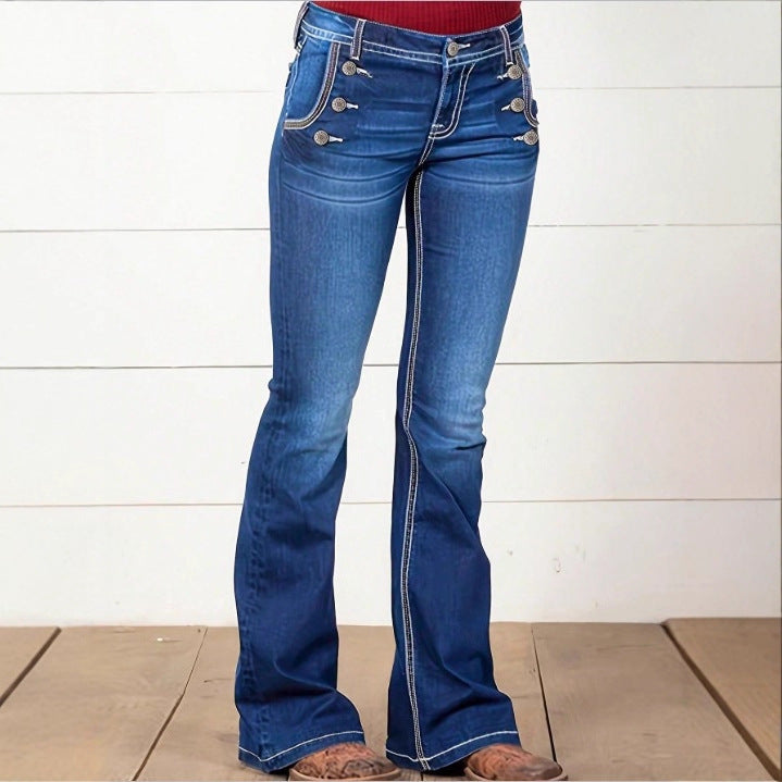 Women's High-Waisted Flared Jeans with Decorative Metal Buttons and Contrast Stitching Amarae