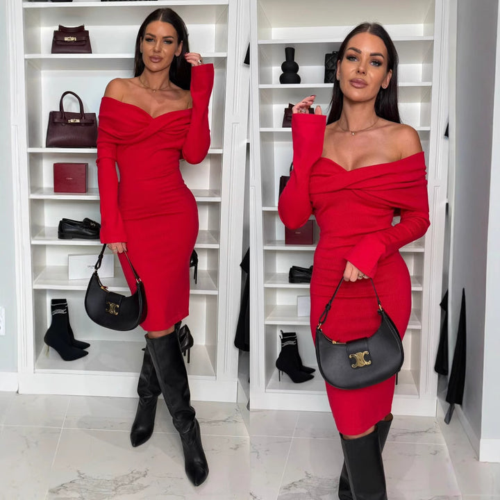 Fitted cocktail dress for women with off-shoulder neckline Lune London