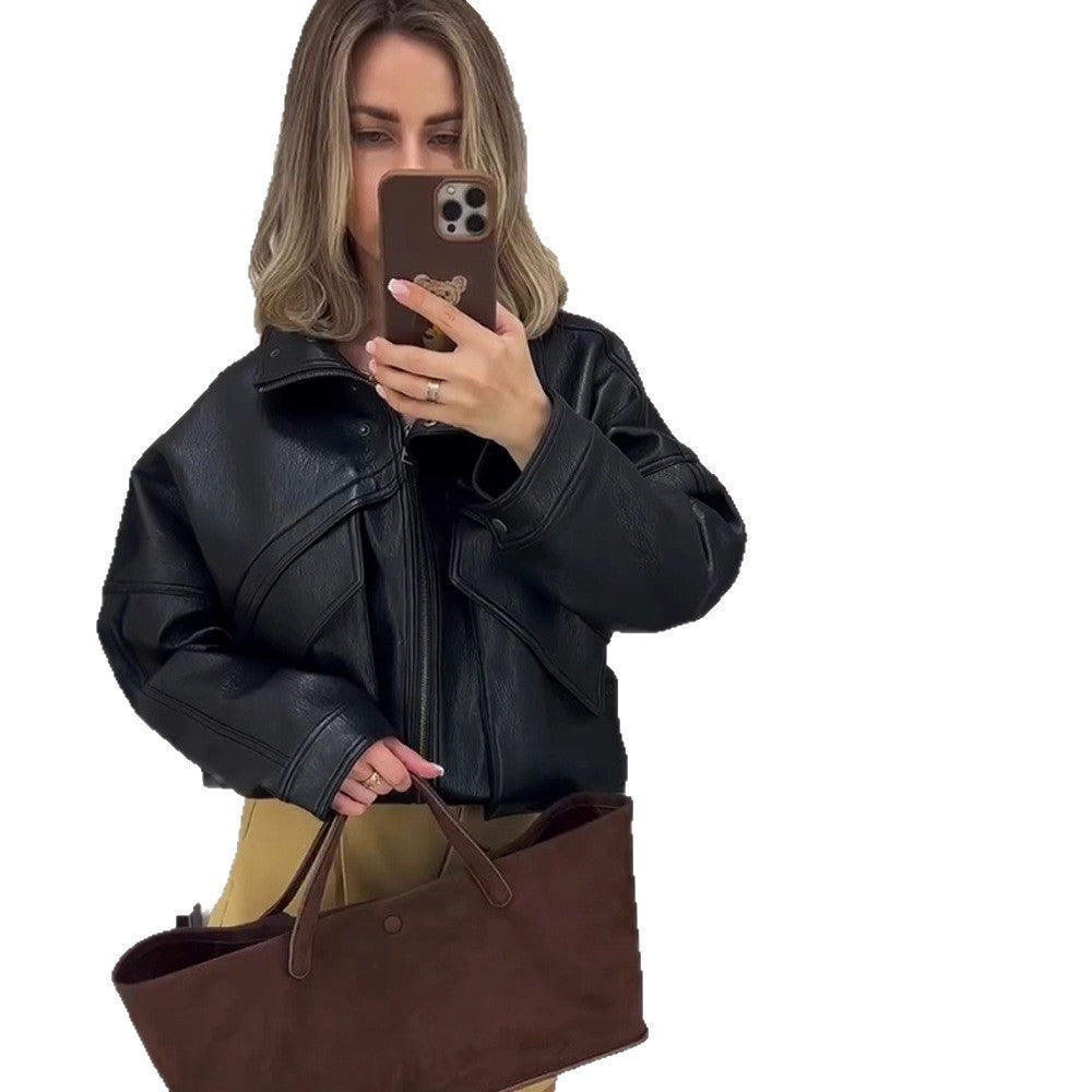 Women's Oversize Bomber Jacket made of textured faux leather with overlapping flap front Amarae