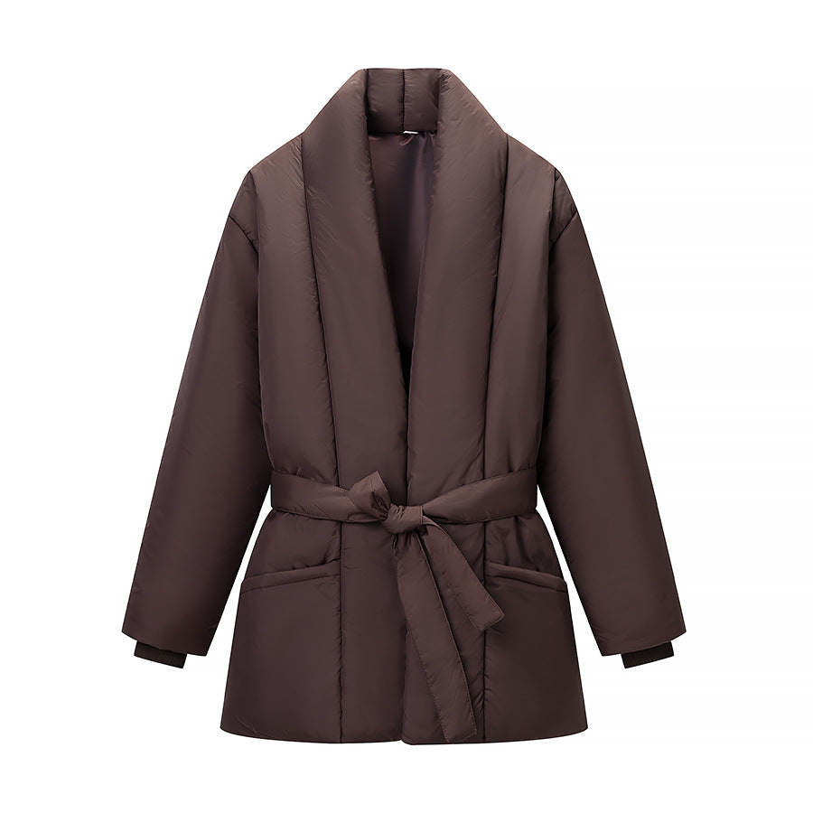 Women's Short Quilted Tailored Quilted Jacket with Shawl Collar and Tie Belt Amarae
