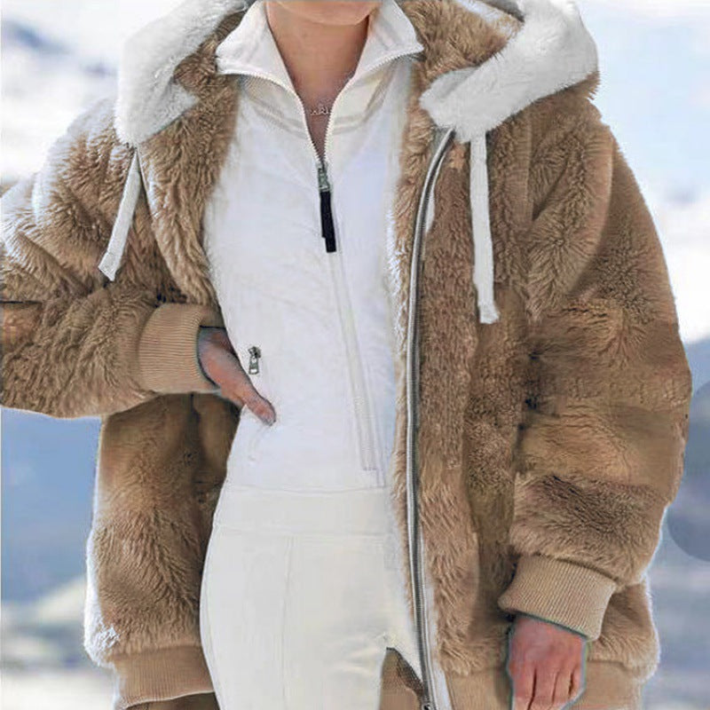 Women's Oversized Sherpa Zip Jacket with Contrast Collar, Ribbed Cuffs, and Drawstring Amarae