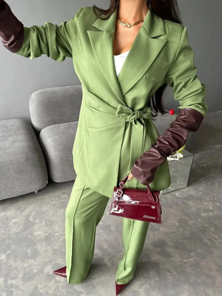 Women Tailored Blazer Coat with Tie Belt and Wide Suit Trousers Amarae