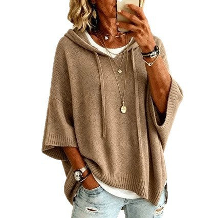 Ladies Oversized Knit Poncho with Hood, Batwing Sleeves and Side Slits Amarae