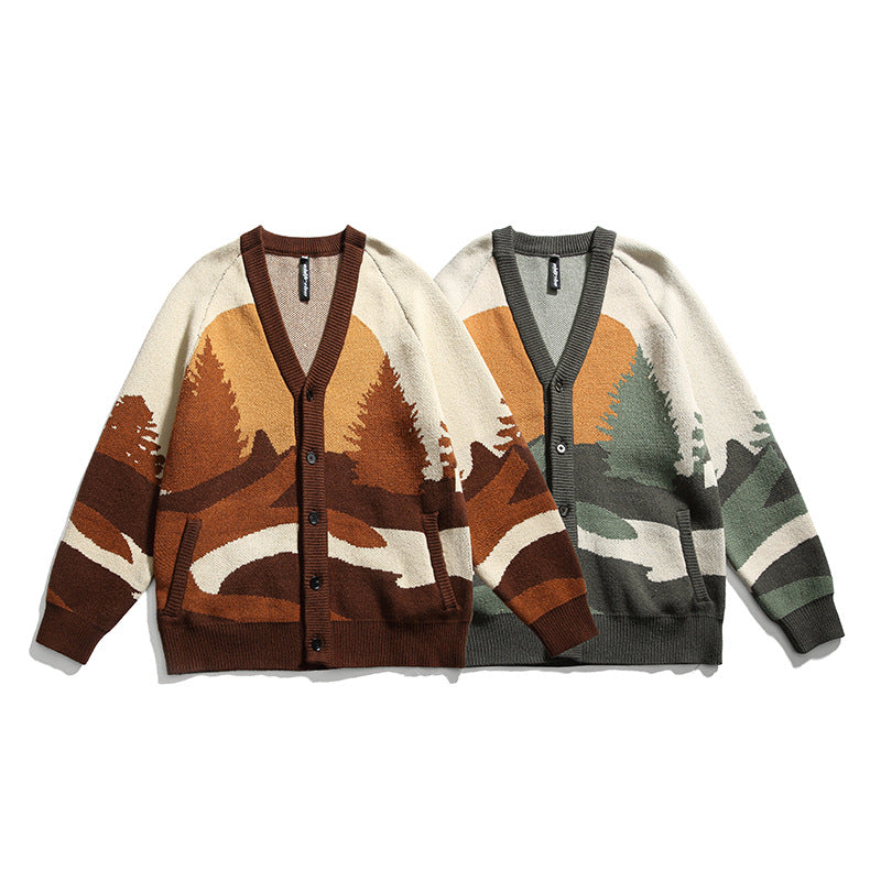Unisex Chunky Knit V-Neck Cardigan with Landscape Jacquard Pattern and Patch Pockets Amarae