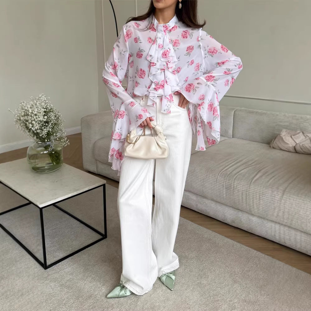 Women's chiffon blouse with rose print, ruffles and bell sleeves Amarae
