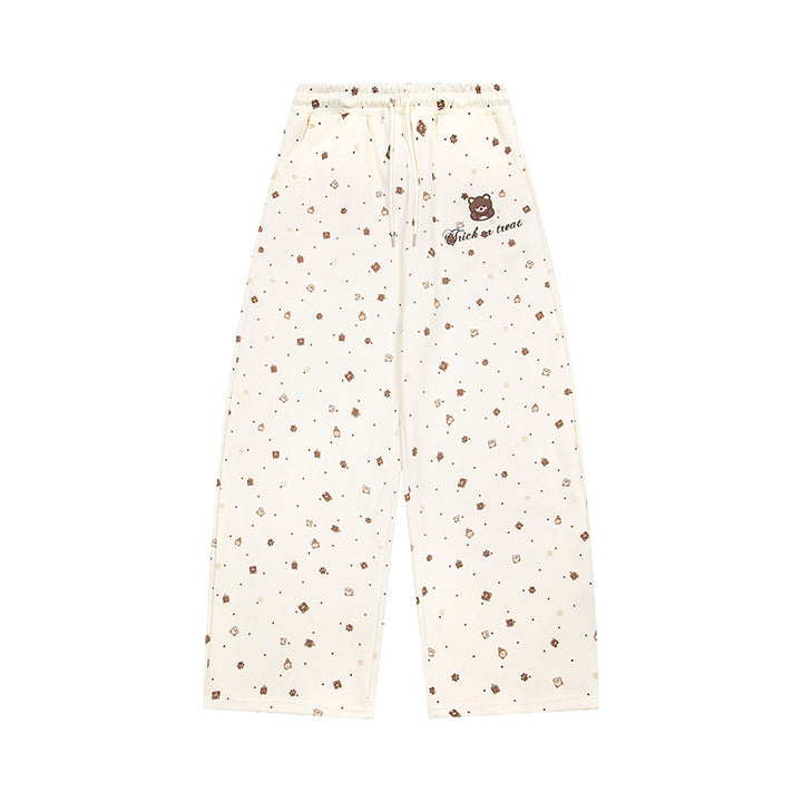 Women's Wide Lounge Pants in Culotte Style with Elastic Comfort Waistband and Cute Bear Print