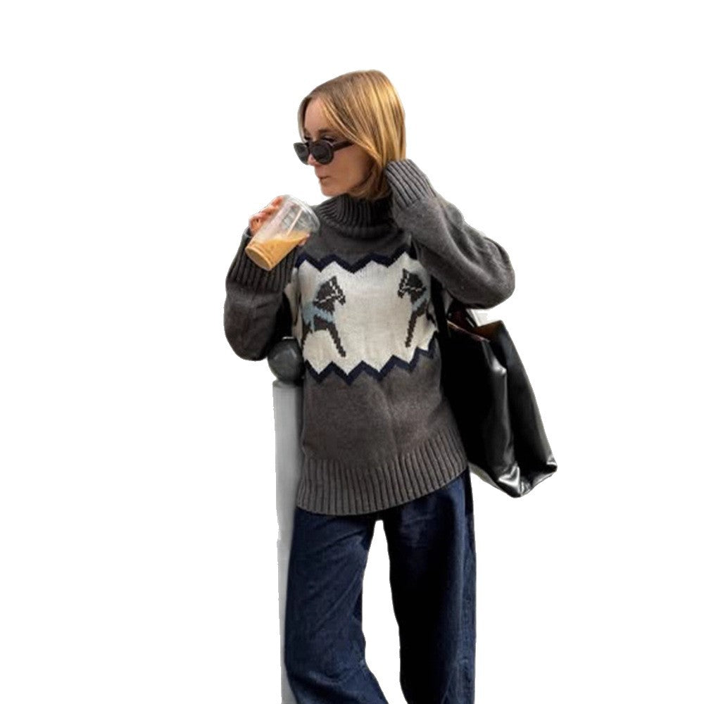 Women's Oversize Turtleneck Sweater with Norwegian Intarsia and Ribbed Cuffs Amarae