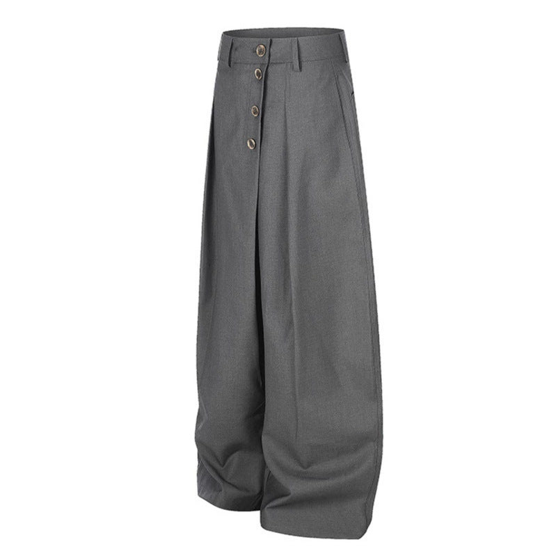 Women's Wide Palazzo Pants with High Waist, Pleats and Asymmetrical Button Placket Amarae