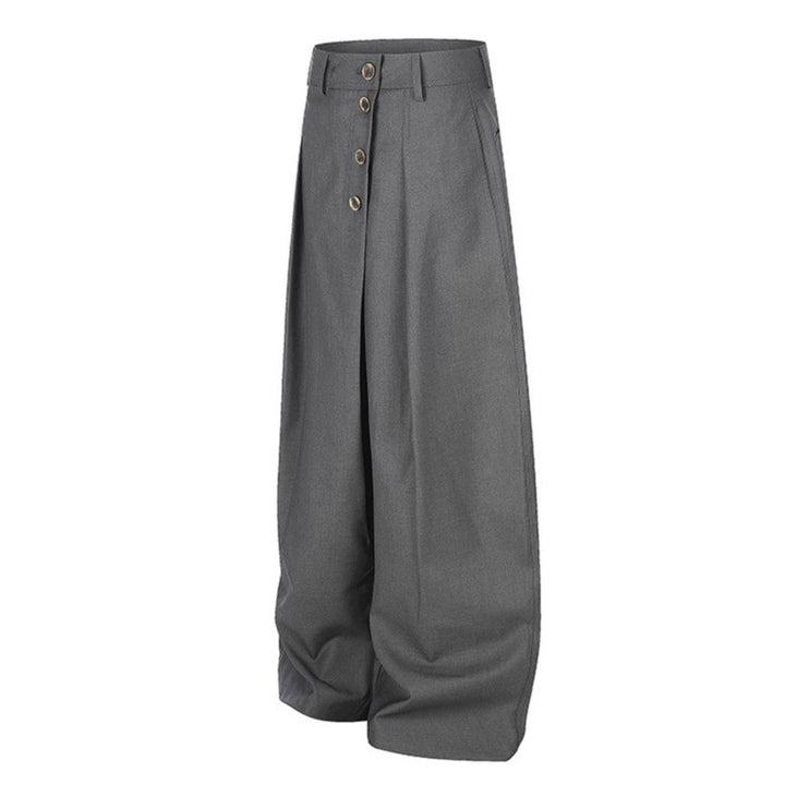 Women's Wide Palazzo Pants with High Waist, Pleats and Asymmetrical Button Placket Amarae