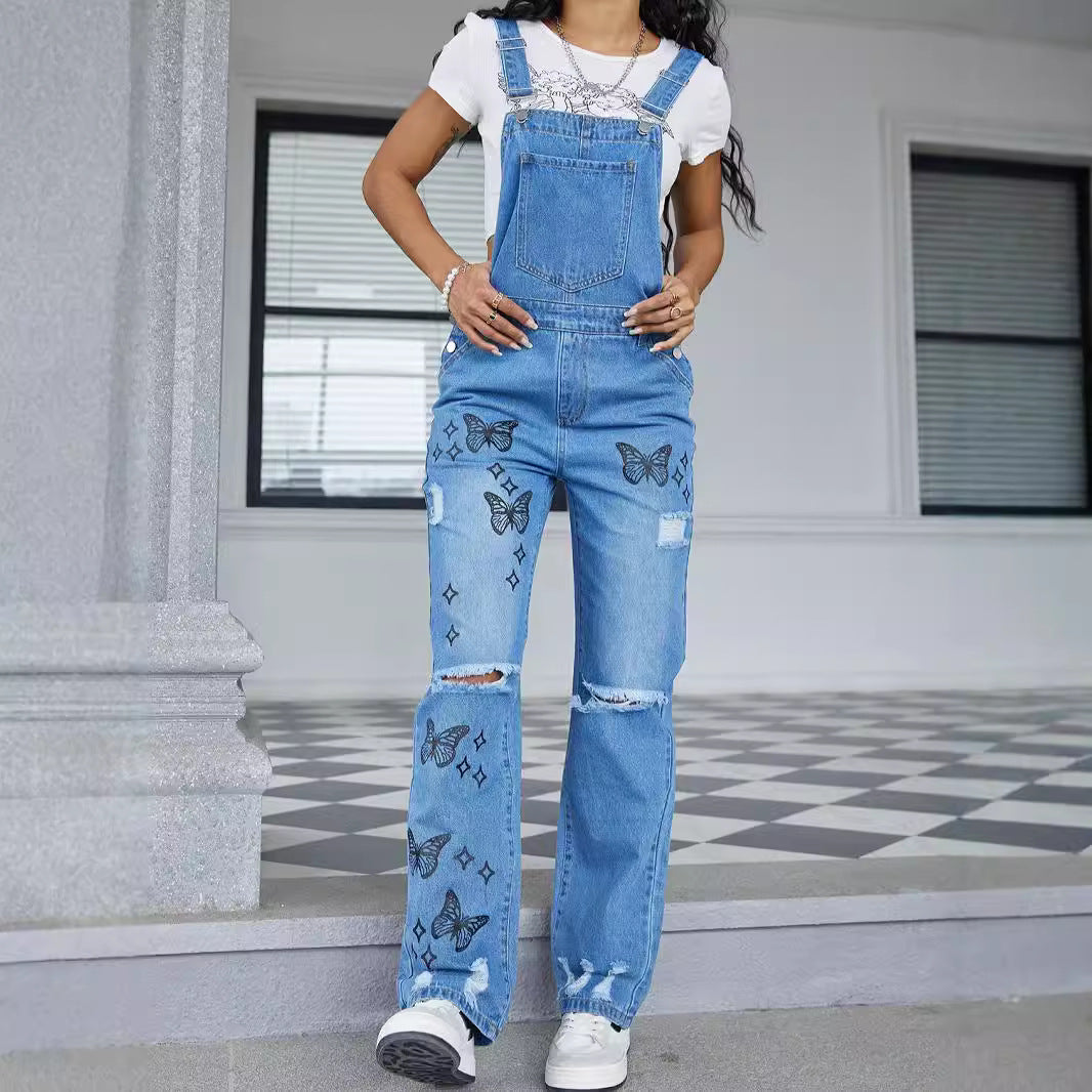 Women Casual Denim Overalls with Butterfly Print, distressed Knee & Wide Leg Amarae