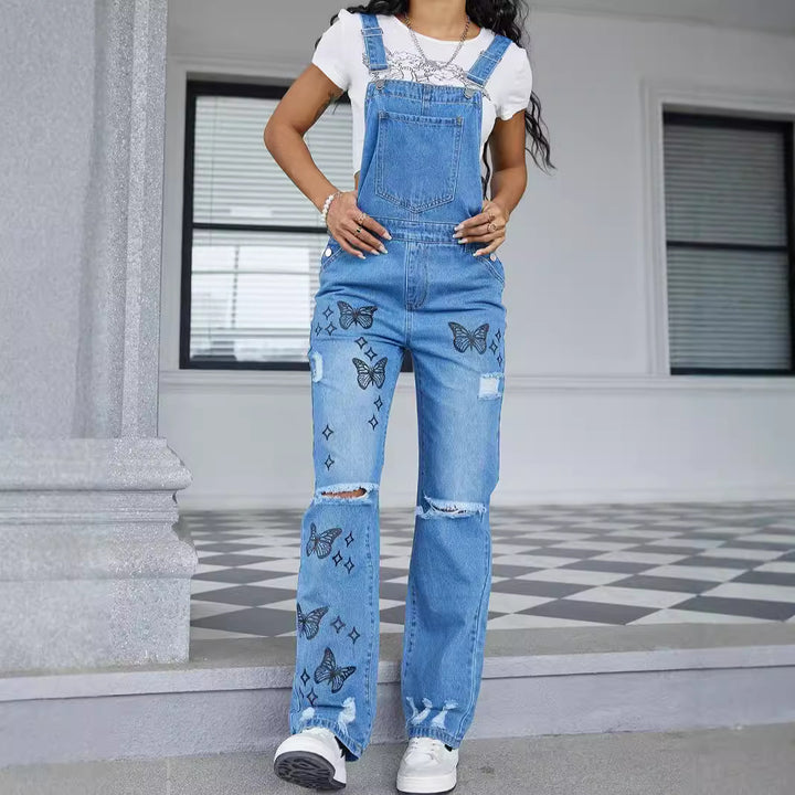 Women Casual Denim Overalls with Butterfly Print, distressed Knee & Wide Leg Amarae