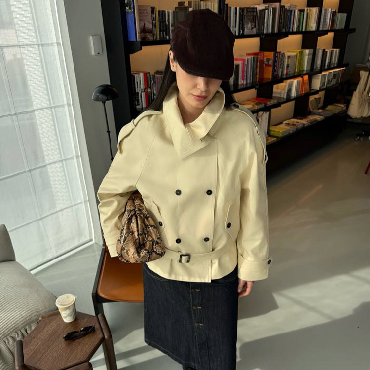 Women Short Double-Breasted Trench Jacket with High Standing Collar and Waist Belt Amarae