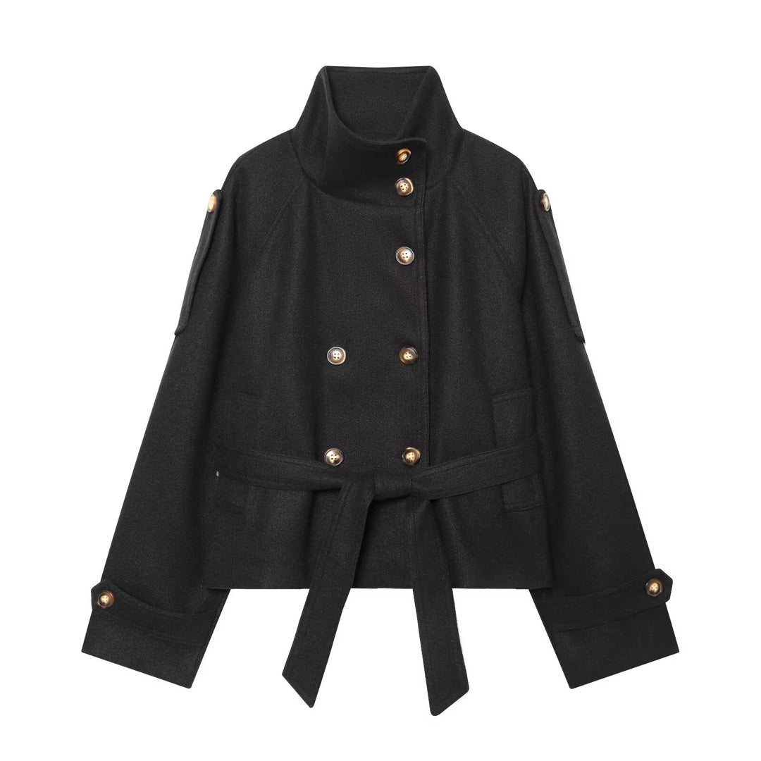 Women Short Double-Breasted Wool Blend Cape Jacket with Stand Collar and Waist Belt Amarae