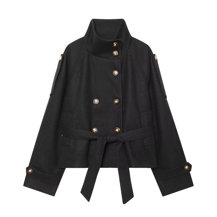 Women Short Double-Breasted Wool Blend Cape Jacket with Stand Collar and Waist Belt Amarae