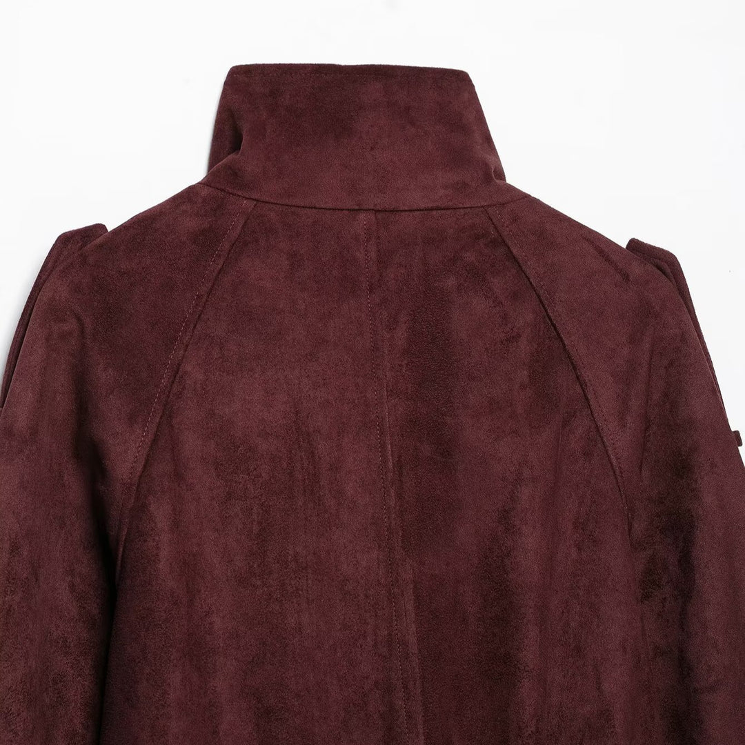 Women's short trench coat in suede look with high stand-up collar and tie belt Amarae