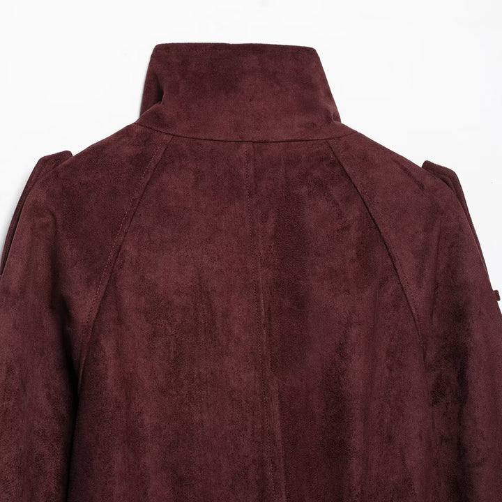 Women's short trench coat in suede look with high stand-up collar and tie belt Amarae