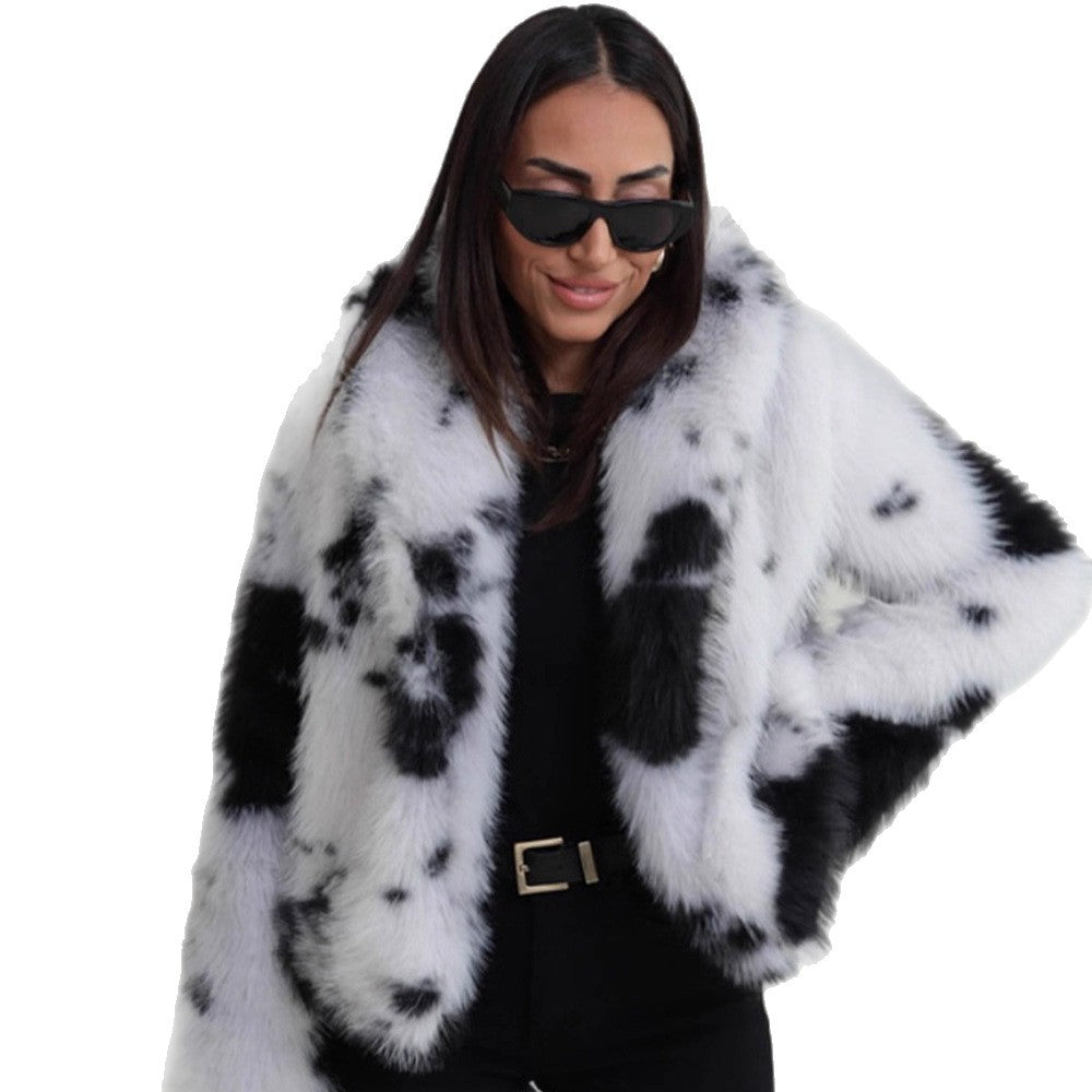Women's Short Cut Faux Fur Bomber with Spot Pattern Amarae