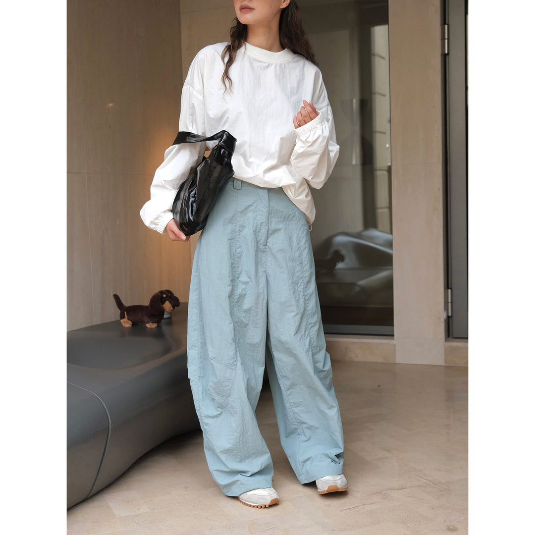 Women's Loose Cotton Sweatshirt with Balloon Sleeves and Ribbed Round Neck Amarae