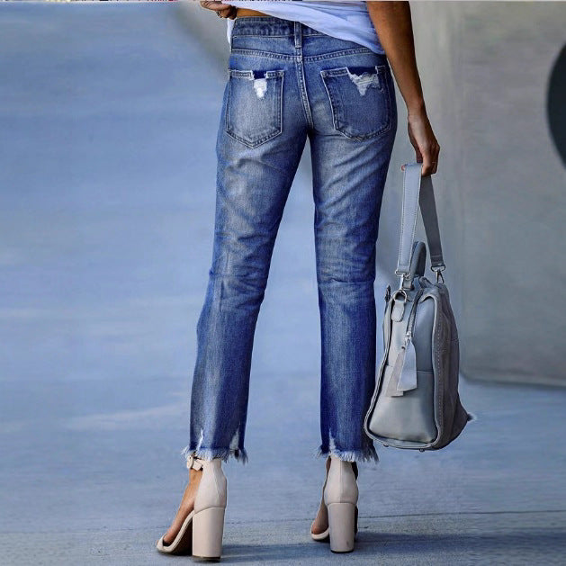 Ladies ankle-length straight-cut destroyed jeans with high waist and frayed hem Amarae
