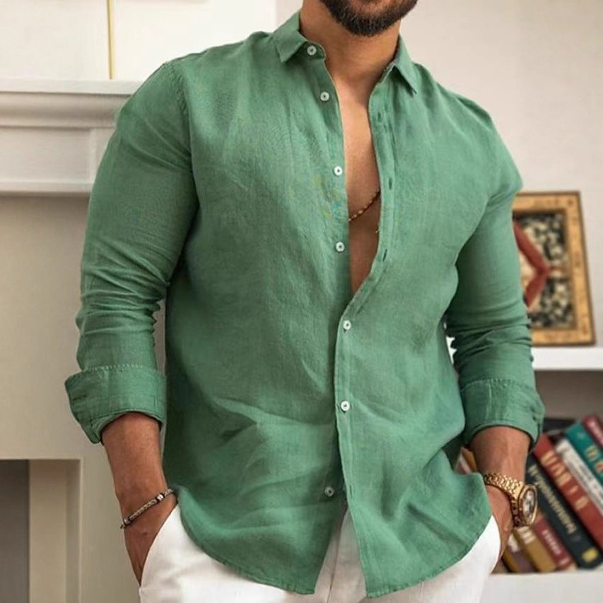 Men's Loose Linen Shirt with Round Hem and Breathable Texture Amarae