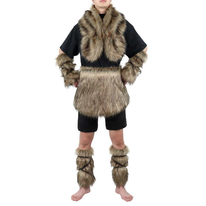 Men's Viking-inspired faux fur accessory set with shawl collar hip apron arm protectors and shin guards Amarae