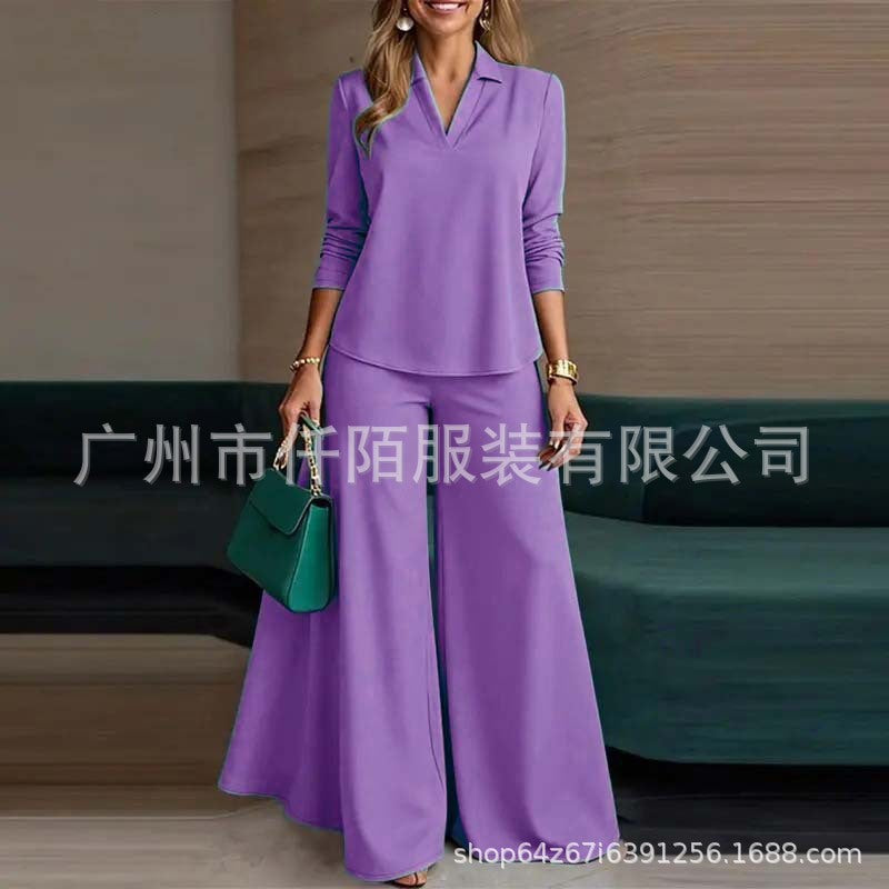 Ladies Elegant Two-Piece Palazzo Set with Shirt Collar Top and Wide Leg Amarae