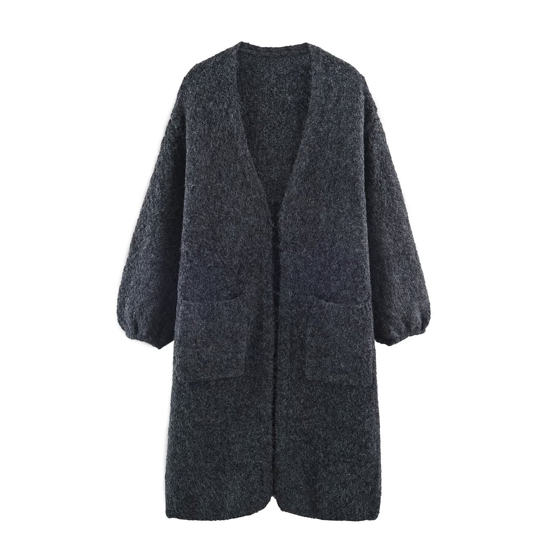 Women's Oversized Knit Coat with V-Neck, Cozy Boucle Look and Patch Pockets Amarae