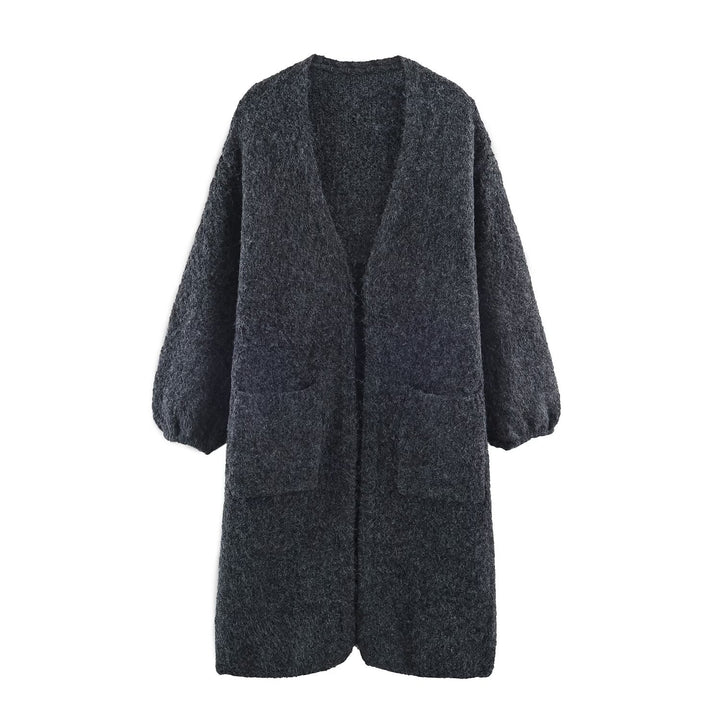Women's Oversized Knit Coat with V-Neck, Cozy Boucle Look and Patch Pockets Amarae